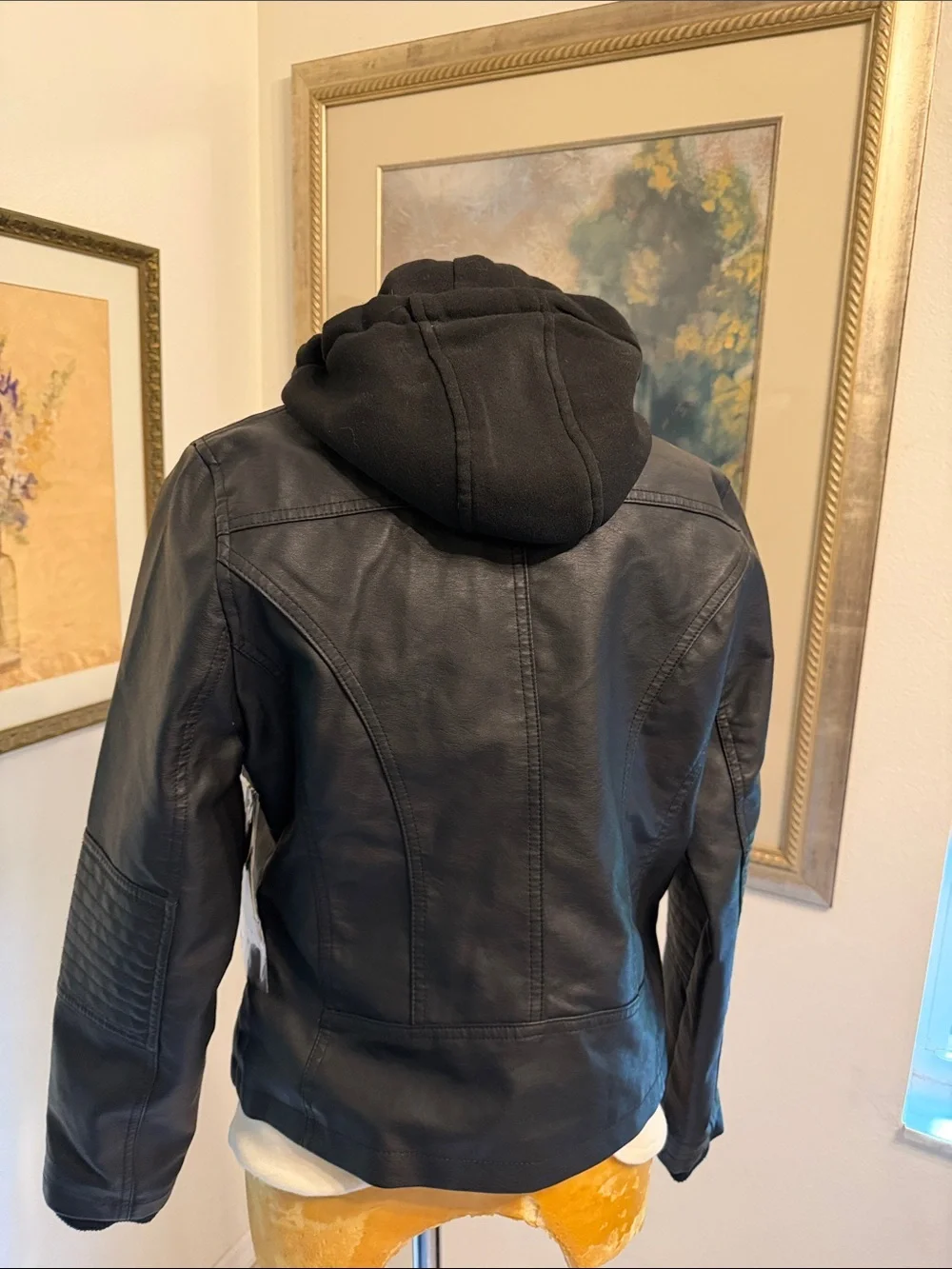 NWT Novish Collection Black Faux Leather Zip Jacket with Hoodie Layer Size MP